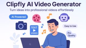 Creator using Clipfly AI Video Generator with icons for camera, microphone, and AI tools
