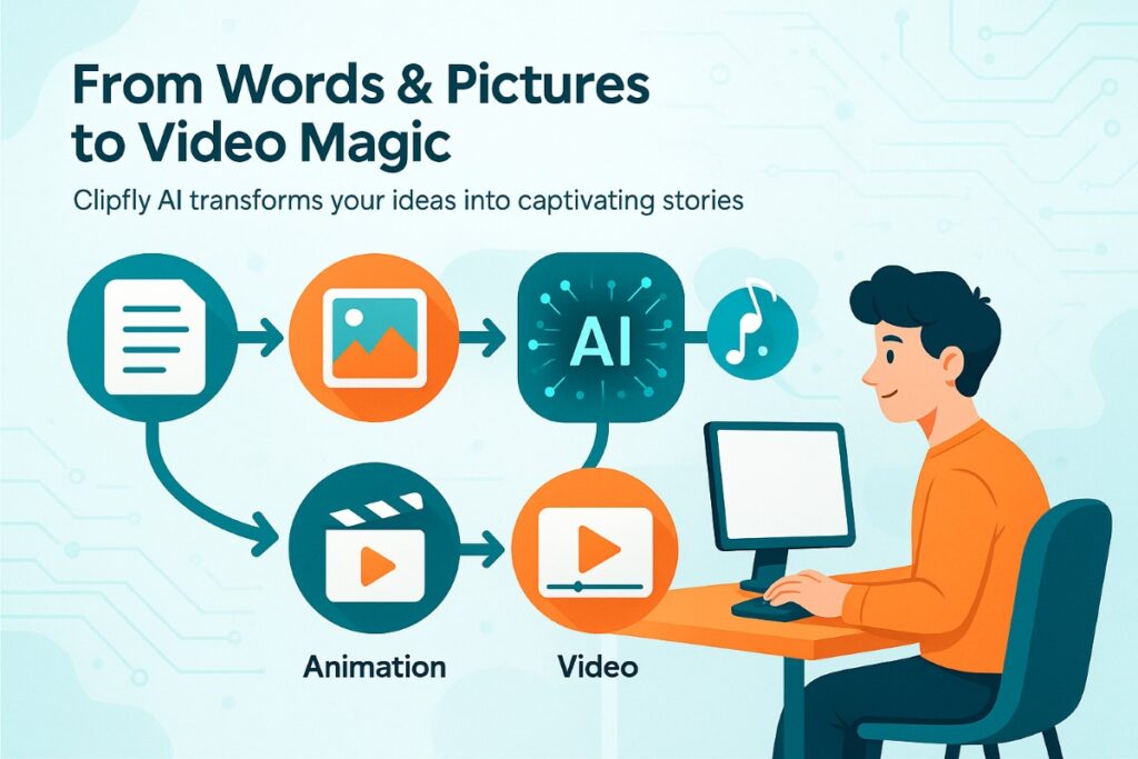 Infographic showing the workflow of Clipfly AI video generator turning text and images into engaging videos with animation, voiceover, and effects