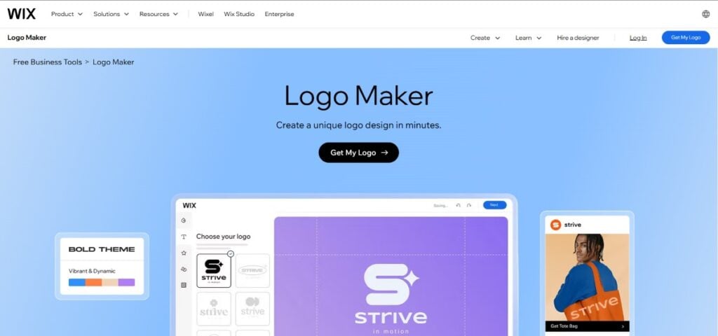 Wix AI Logo Maker interface showcasing custom logo creation options