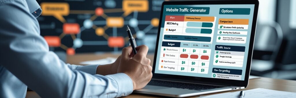 A digital marketer analyzing different website traffic generator options on a laptop, comparing factors like SEO ranking, budget, traffic source, and geo-targeting.
