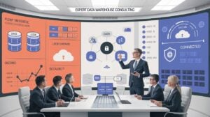 Expert Data Warehouse Consulting illustration showing a consultant guiding a business team using data flow charts, cloud storage, and security icons on a digital dashboard.