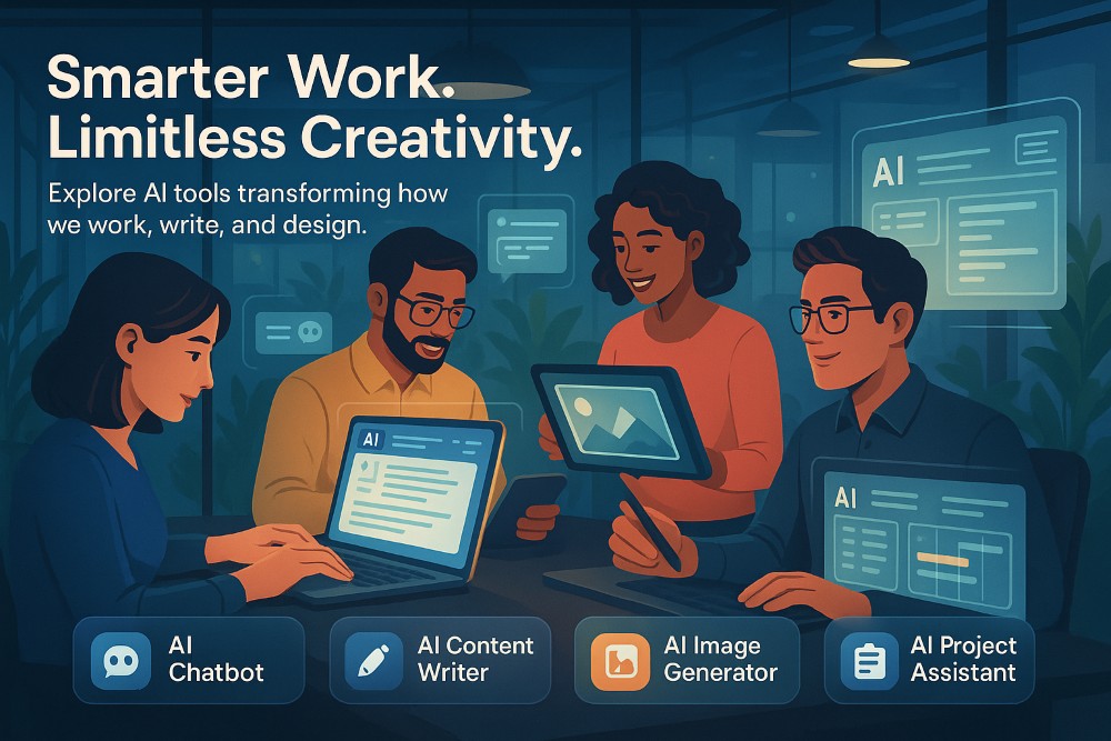 Illustration of a modern tech office with professionals using top AI tools like chatbot, content writer, image generator, and project assistant