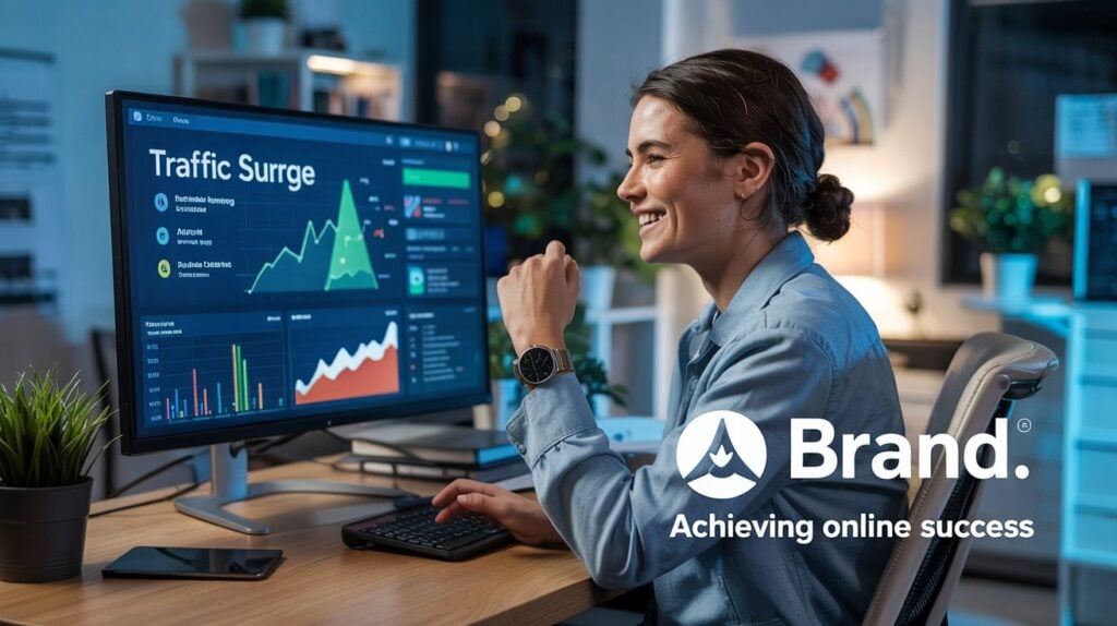 A digital marketer smiling while analyzing rising website traffic stats on a dashboard, using a website traffic generator tool. 