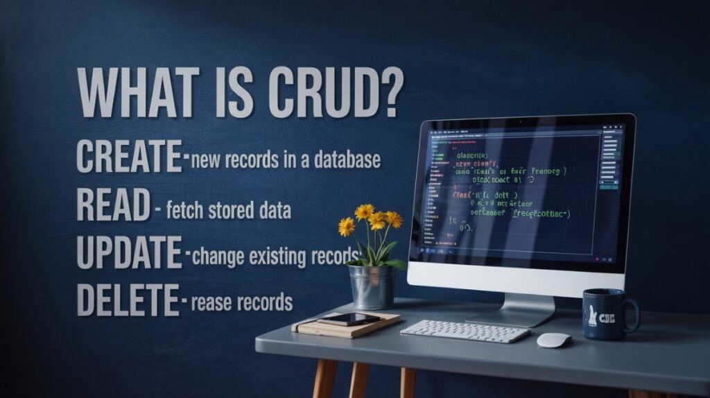 Visual guide to CRUD operations with a computer showing database interface, bold 3D CRUD heading, and Create, Read, Update, Delete explanations