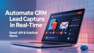 Computer screen showing CRM dashboard with Gmail API and Pub/Sub integration for lead capture automation