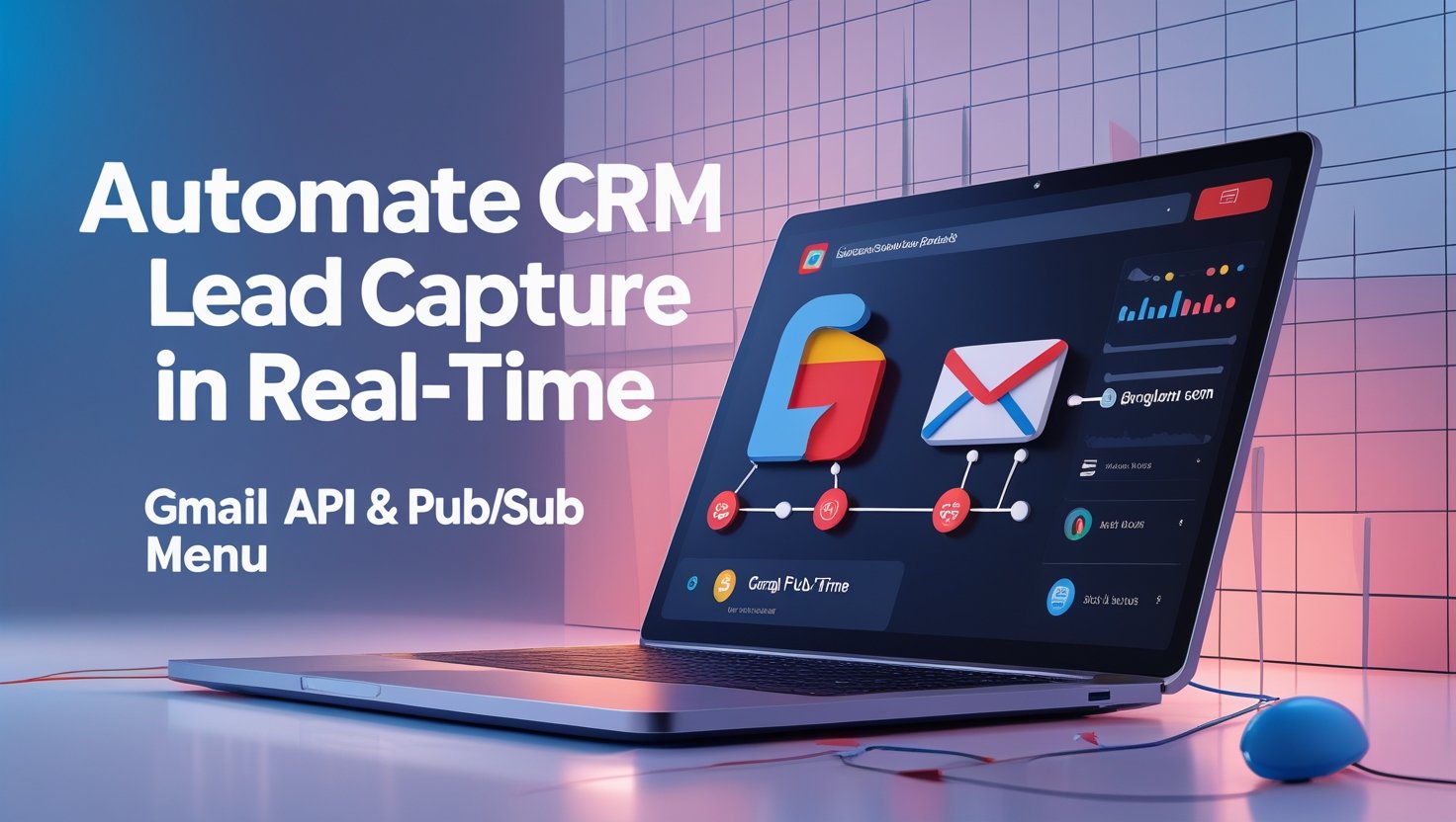 Computer screen showing CRM dashboard with Gmail API and Pub/Sub integration for lead capture automation
