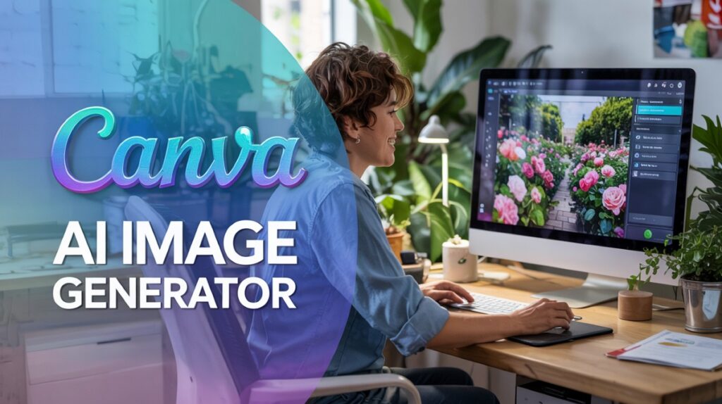 A smiling user creating a garden image with roses using the Canva AI Image Generator interface on a desktop screen, with clear branding text in the top-left corner.