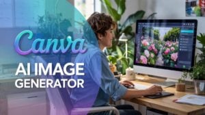 A smiling user creating a garden image with roses using the Canva AI Image Generator interface on a desktop screen, with clear branding text in the top-left corner.