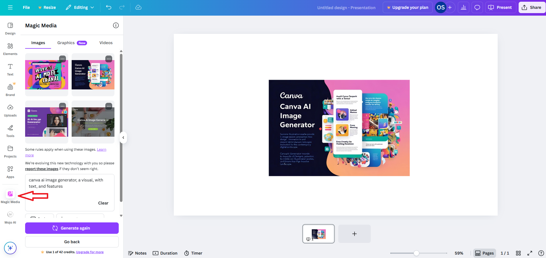 Screenshot of Canva AI Image Generator interface showing design features and sample visuals in a colorful layout