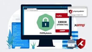 A computer screen displaying phpMyAdmin with a padlock icon, MySQL and XAMPP logos, and a subtle error popup showing "Error (HY000/1045)", representing a local development environment.