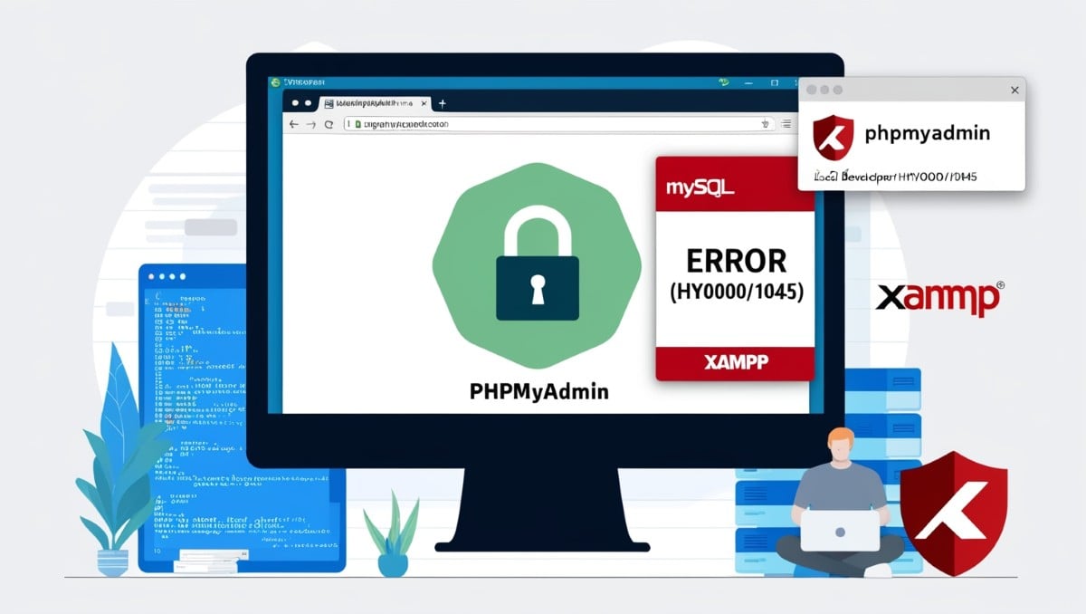 A computer screen displaying phpMyAdmin with a padlock icon, MySQL and XAMPP logos, and a subtle error popup showing "Error (HY000/1045)", representing a local development environment.
