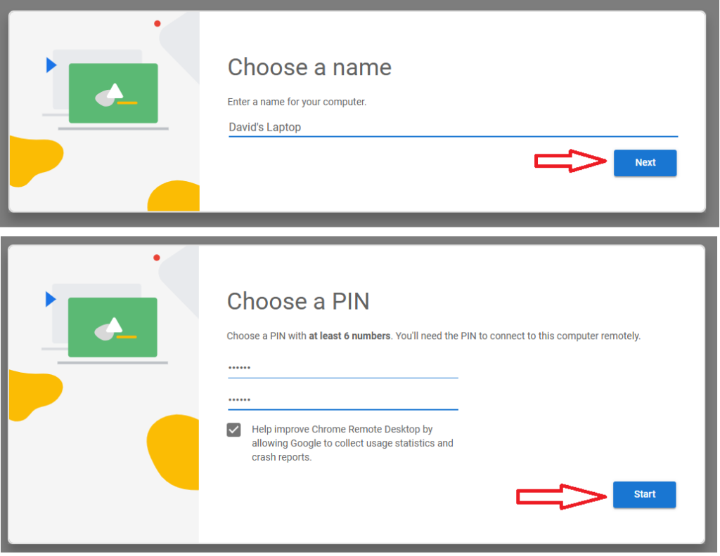 Chrome Remote Desktop setup showing steps to name the device and set a PIN