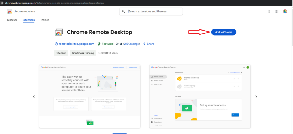 Chrome Remote Desktop extension page with Add to Chrome button highlighted