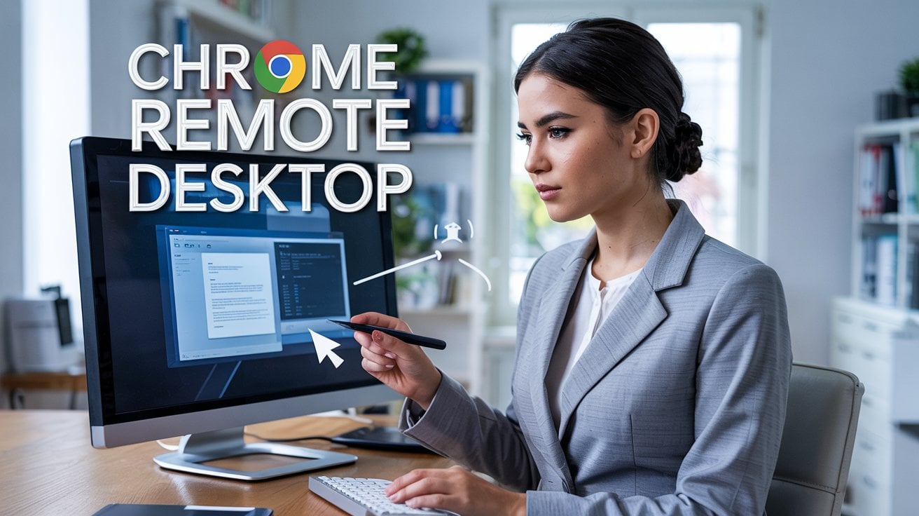 Professional woman using Chrome Remote Desktop to access a remote computer securely