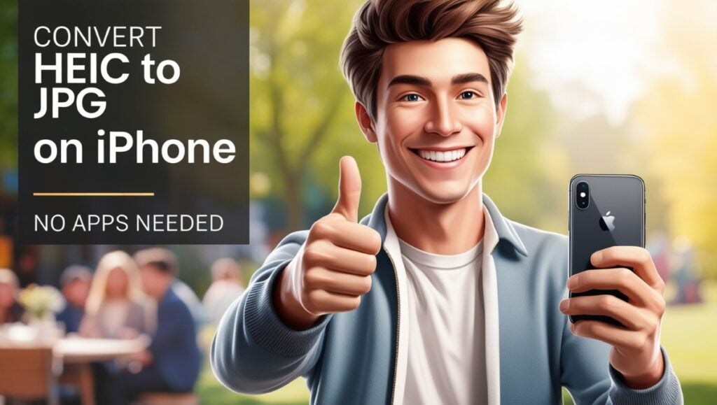 How to convert HEIC to JPG on iPhone – smiling user giving thumbs up while holding iPhone, with text 'Convert HEIC to JPG on iPhone – No Apps Needed