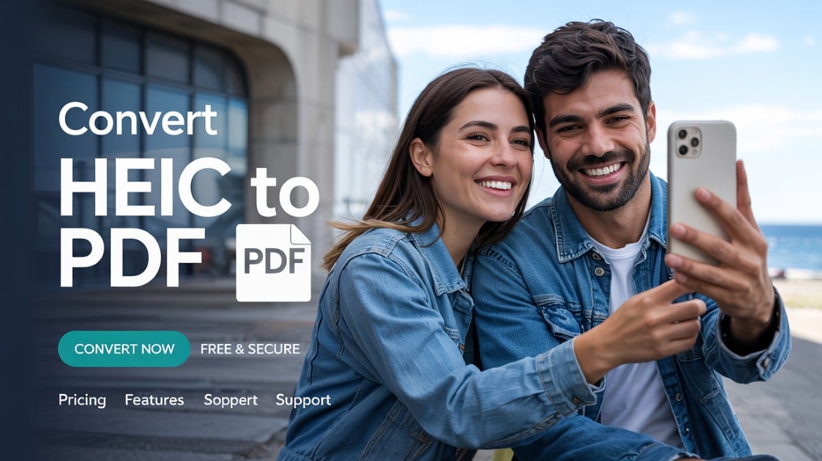 Smiling woman taking a selfie with her boyfriend using an iPhone, featuring 'Convert HEIC to PDF' text with a PDF icon on a dark gradient background.