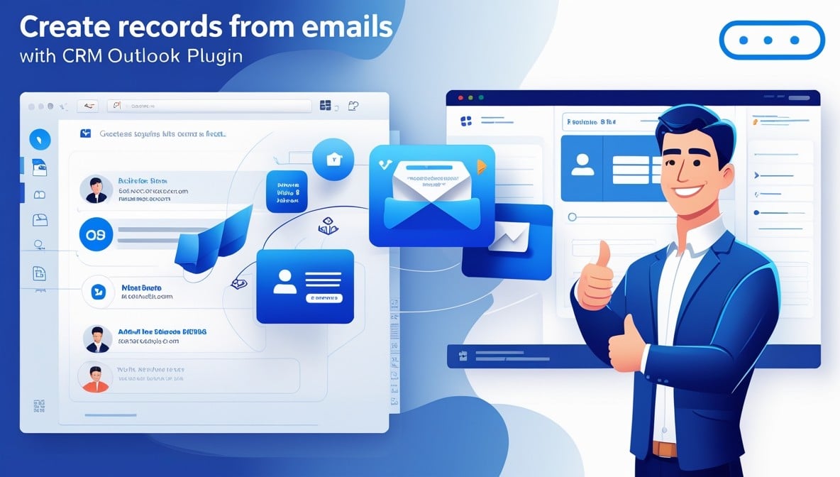 Illustration of Outlook email and CRM dashboard showing data flowing to create CRM records from emails, with a user giving a thumbs-up
