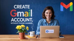 Create Gmail account without phone number – user on laptop with Gmail sign-up screen, flower pot, and coffee mug on desk.