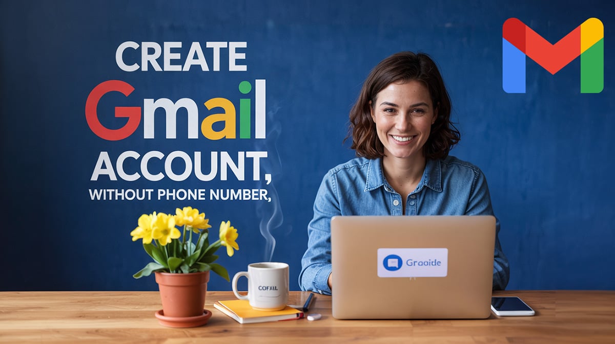 Create Gmail account without phone number – user on laptop with Gmail sign-up screen, flower pot, and coffee mug on desk.