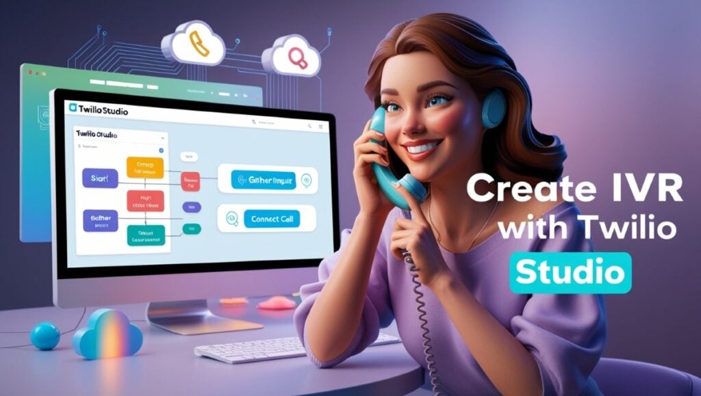 Young woman on a phone call with Twilio Studio call flow on screen, showing IVR setup interface.