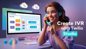 Young woman on a phone call with Twilio Studio call flow on screen, showing IVR setup interface.