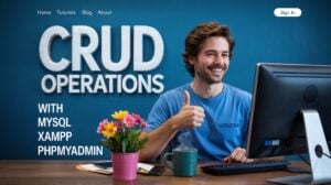 Smiling user giving thumbs up at desktop with 3D CRUD Operatons with MySQL, XAMPP, phpMyAdmin subheadings