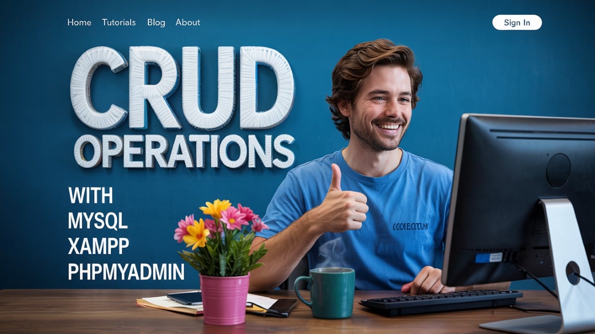 Smiling user giving thumbs up at desktop with 3D CRUD Operatons with MySQL, XAMPP, phpMyAdmin subheadings
