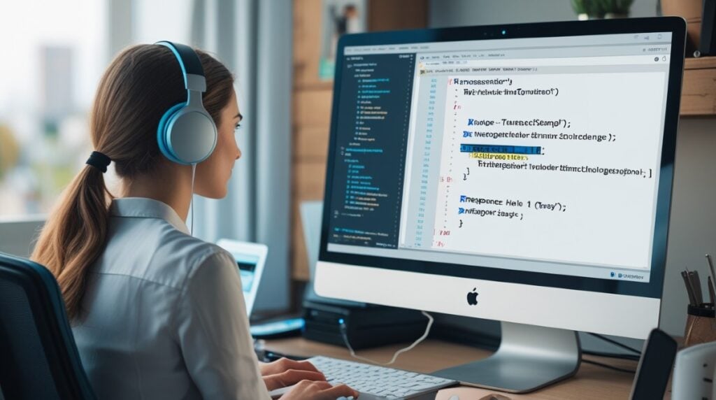 Female developer reviewing TwiML XML code on desktop screen for Twilio API voice call automation