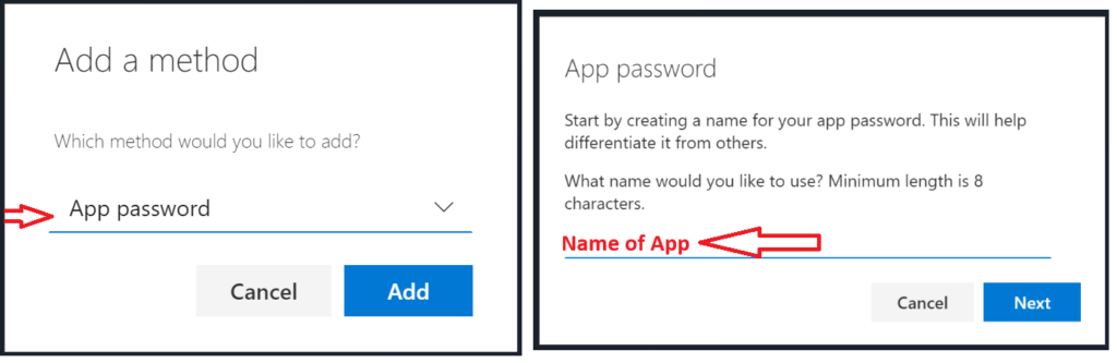 Steps to add an Outlook app password by selecting 'App password' and entering a name for the app in Microsoft account settings