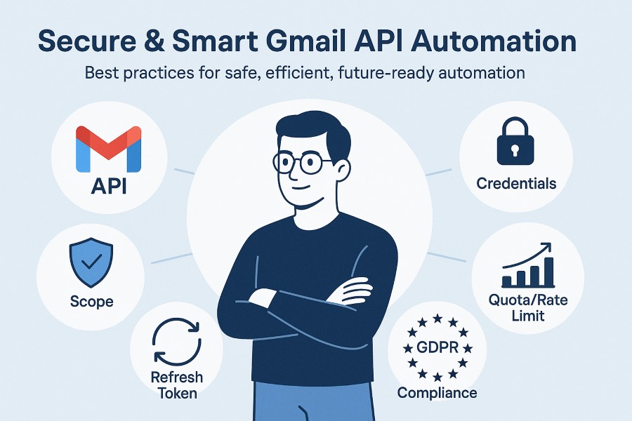 Infographic showing Gmail API best practices for security, efficient automation, and compliance.