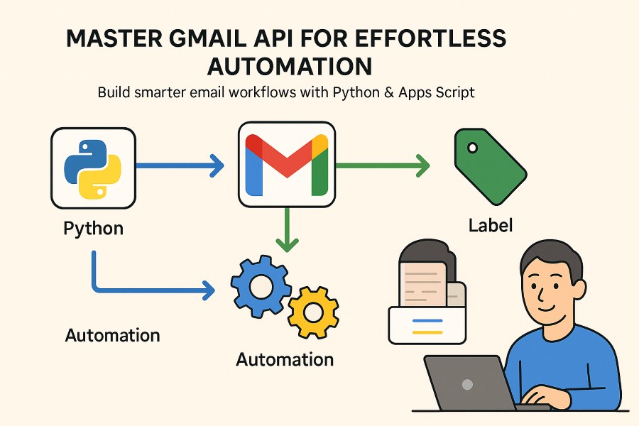 Infographic illustrating Gmail API automation with Python and Apps Script, showing email workflow, labels, and integration icons.