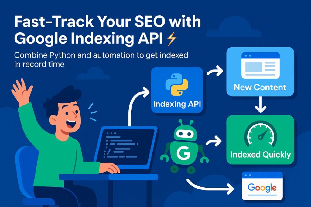 Excited professional using Python scripts for fast URL indexing with Google Indexing API — indexing in Python automation for SEO.