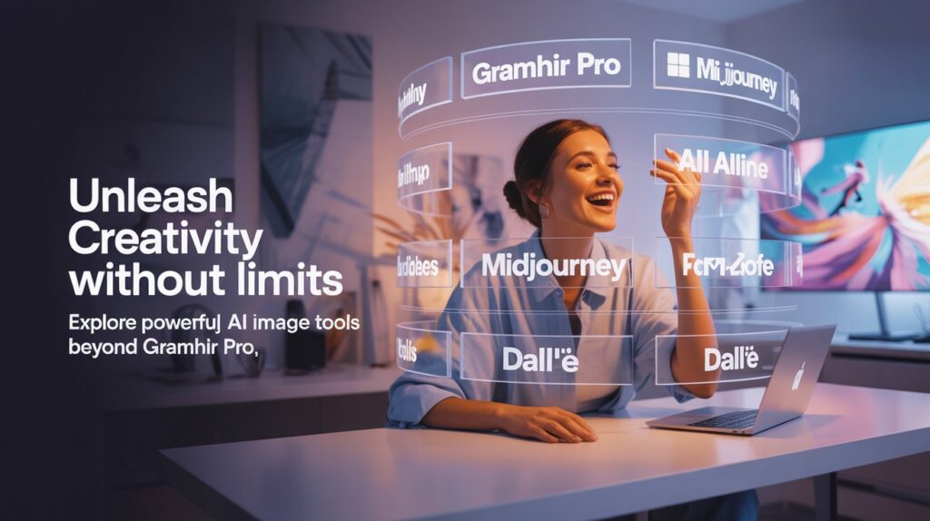 Smiling female creator exploring AI image generator tools like Gramhir Pro, Midjourney, and DALL·E in a futuristic workspace with floating UI labels.