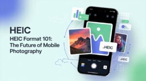 Illustration of HEIC image format with Apple iPhone displaying nature and portrait photos, highlighting photo quality and compression