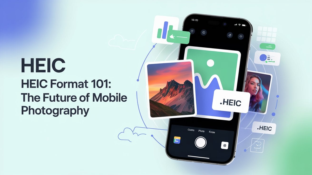 Illustration of HEIC image format with Apple iPhone displaying nature and portrait photos, highlighting photo quality and compression