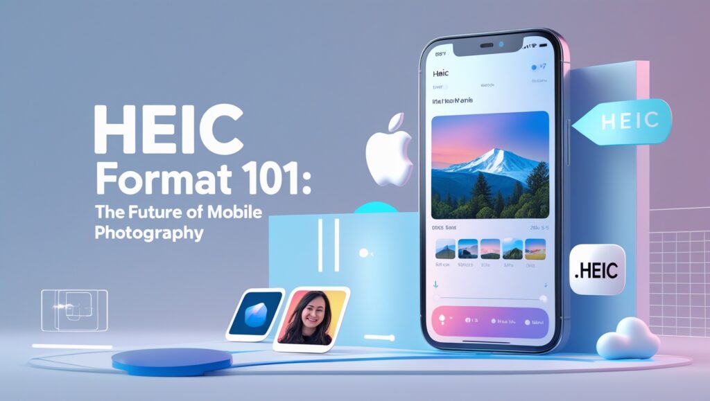 High-efficiency HEIC photo format illustrated with iPhone preview and compressed image icons