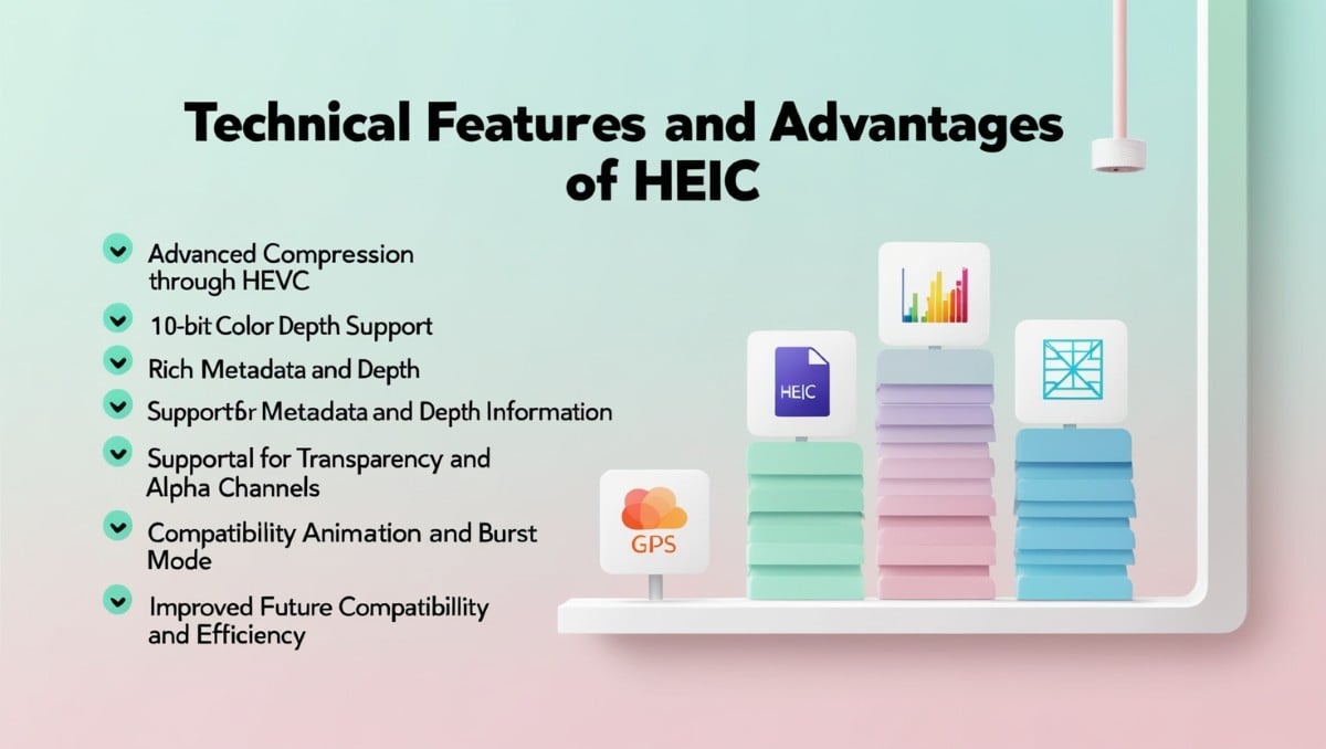 Infographic showing key technical features and advantages of HEIC format including compression, 10-bit color, transparency, and animation support