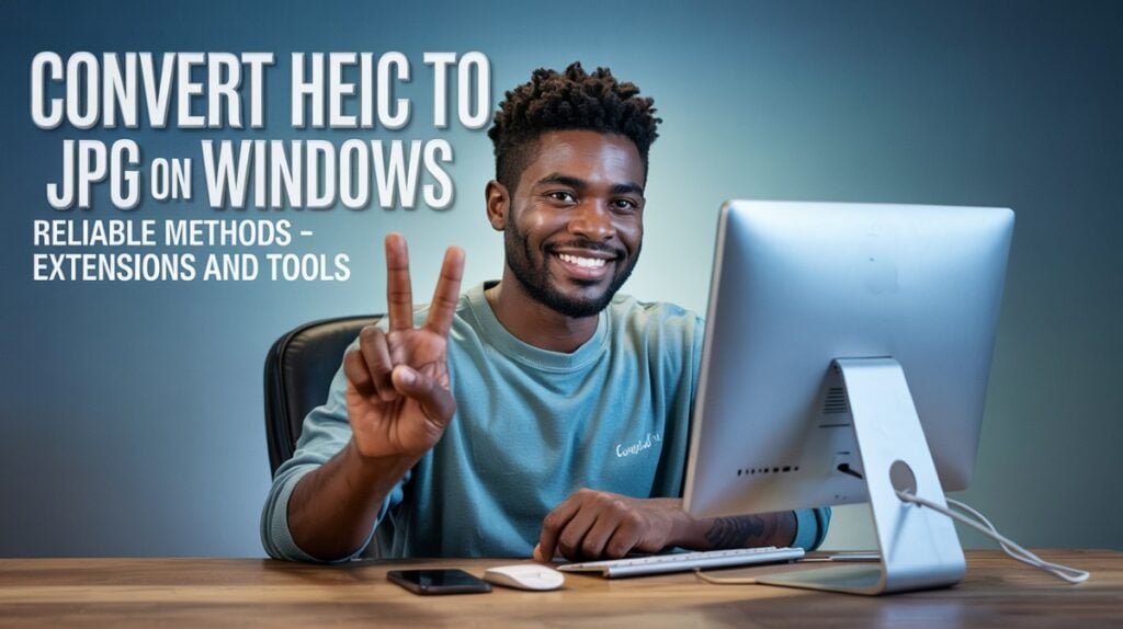 How to convert HEIC to JPG on Windows – user at desktop smiling with victory sign, with text 'Convert HEIC to JPG on Windows – Reliable Methods, Extensions and Tools