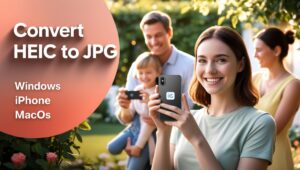 How to convert HEIC to JPG with iPhone in a sunny garden, featuring a smiling woman and a family taking photos – covers Windows, iPhone, and Mac methods