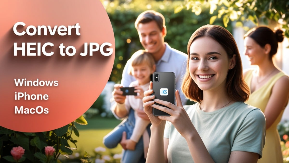How to convert HEIC to JPG with iPhone in a sunny garden, featuring a smiling woman and a family taking photos – covers Windows, iPhone, and Mac methods