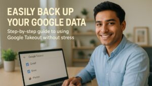 smiling professional using Google Takeout on laptop to back up Google data