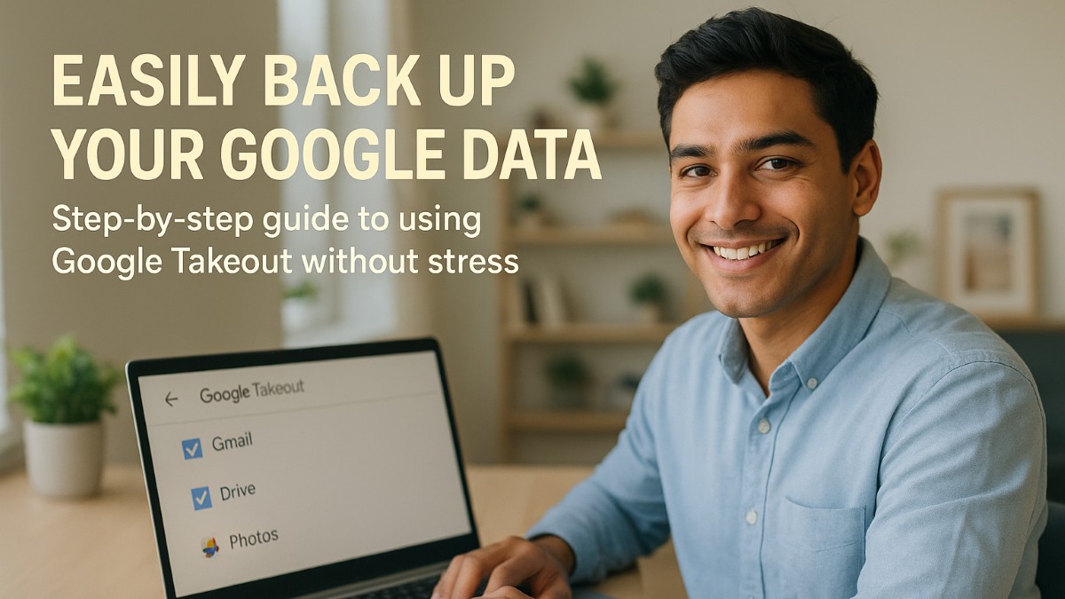 smiling professional using Google Takeout on laptop to back up Google data
