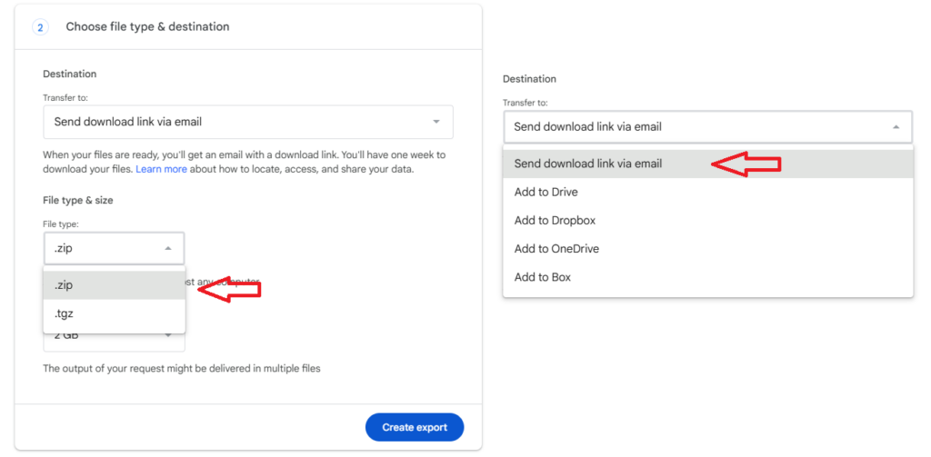 Google Takeout file type and destination selection showing .zip, .tgz options and export destinations