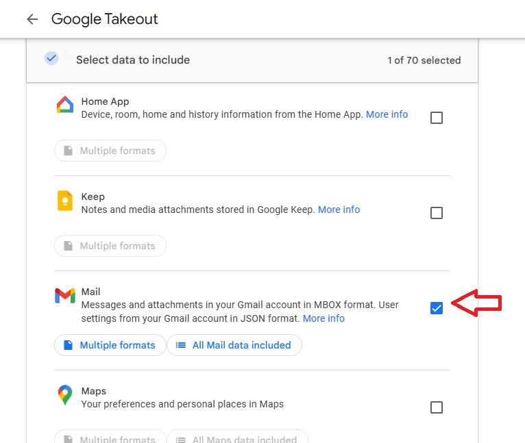 how to use Google Takeout to select Gmail data for export