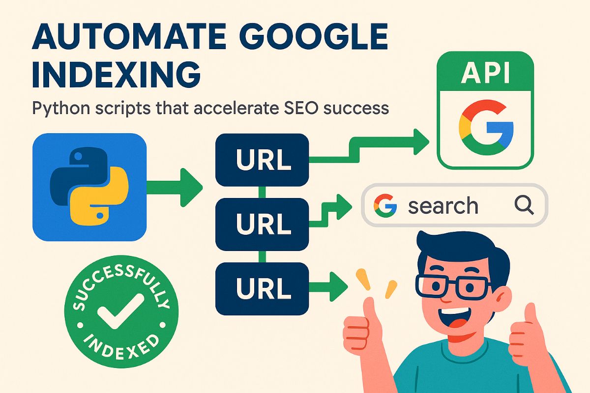 Illustration showing indexing in Python with Google Indexing API, automating URL submissions and boosting SEO workflows.