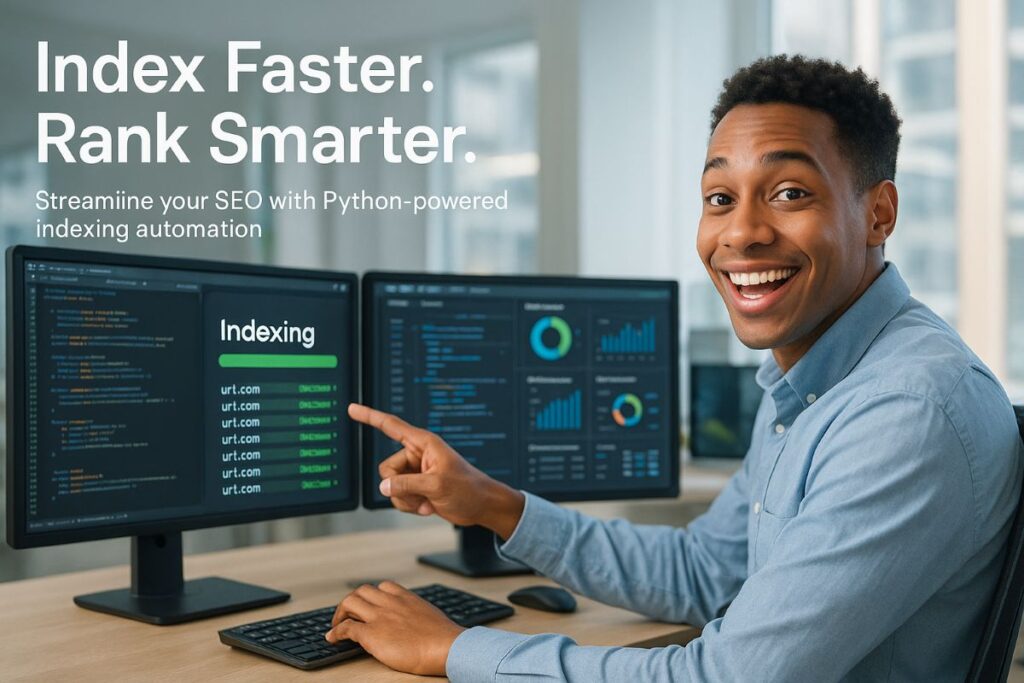 Excited professional using Python scripts for fast URL indexing with Google Indexing API — indexing in Python automation for SEO.