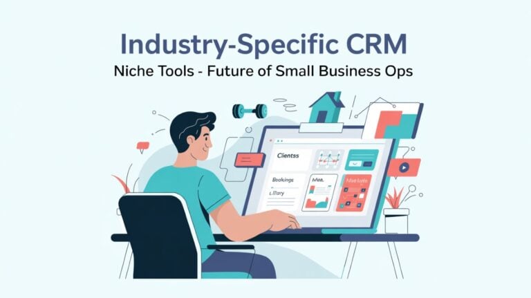 Illustration of a small business owner using a CRM system with industry-specific tools for client and content management
