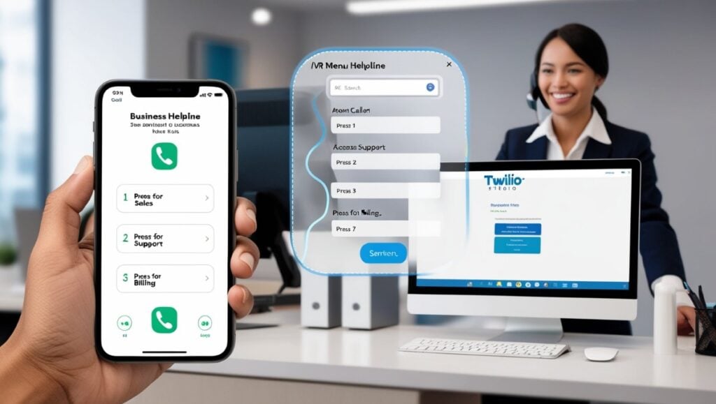 Customer using phone IVR menu with Twilio Studio interface in background at a small business or support center.