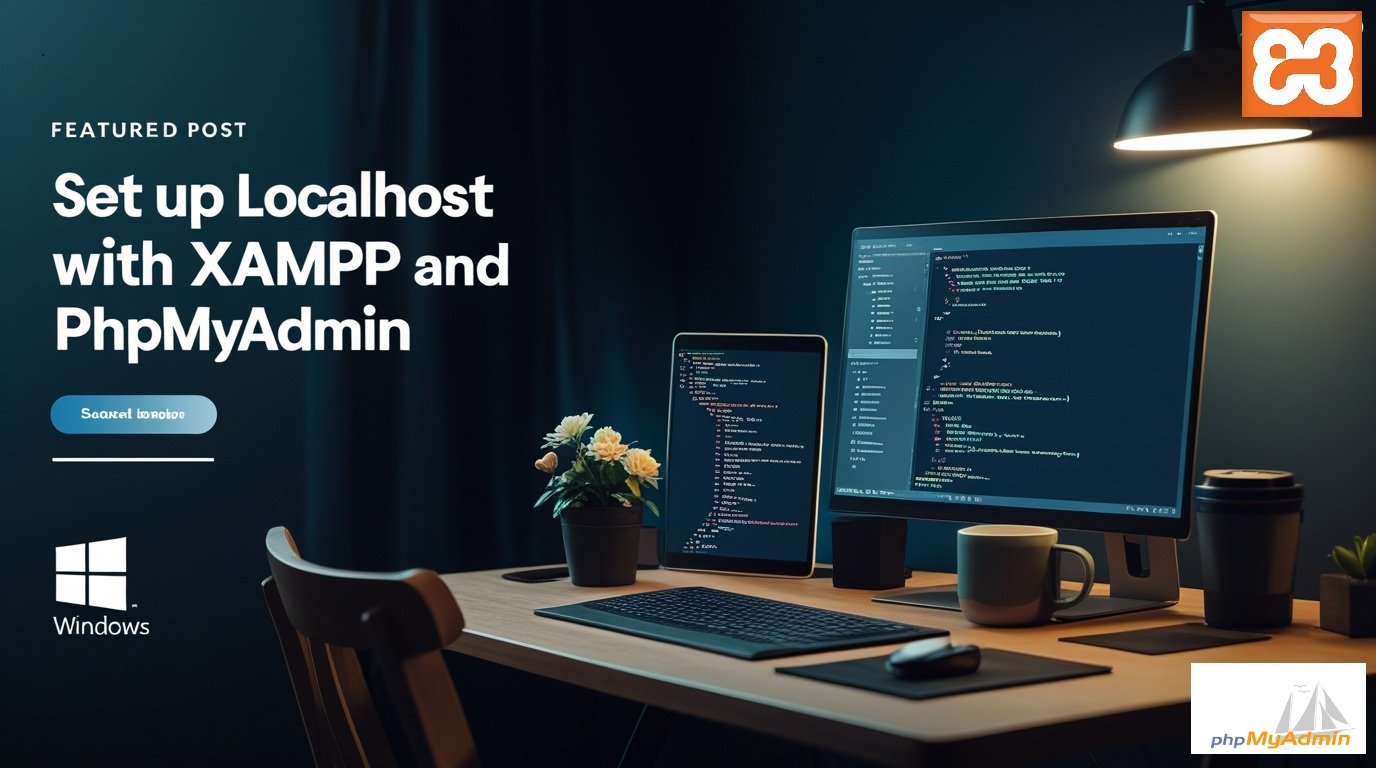 Developer workspace setting up Localhost XAMPP and phpMyAdmin on Windows, featuring laptop with code, dark navy gradient background, and tech elements.