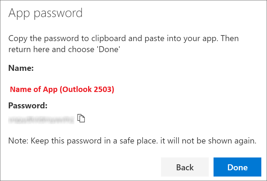 Outlook app password created